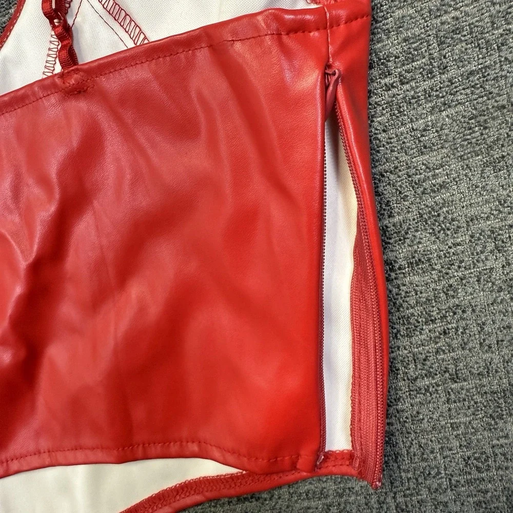 Shein Red Faux Leather Crop Top Womens Small Y2K Cami Zip Back Clubwear